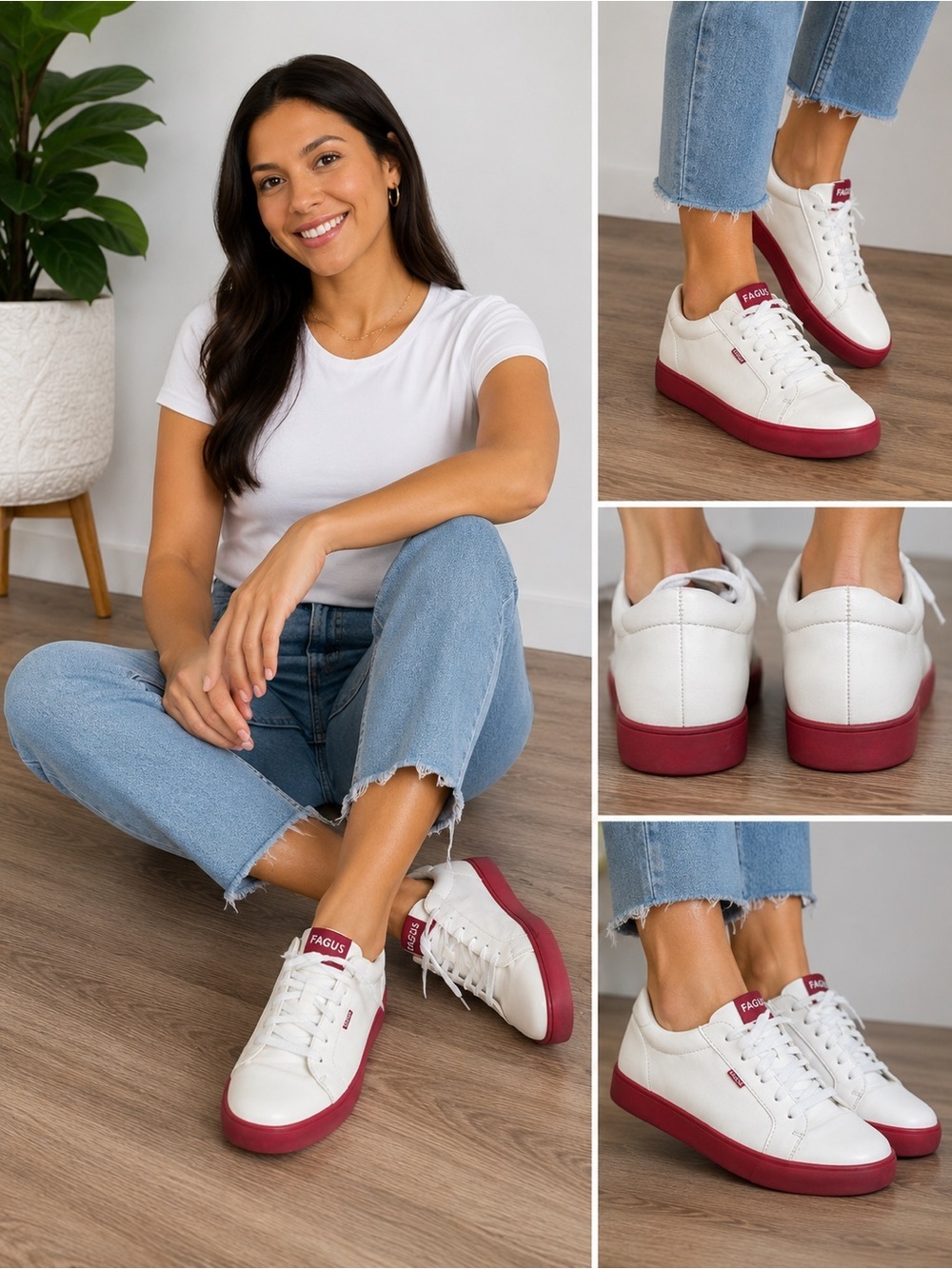 FAGUS Women’s White Red Platform Sneakers Casual Lace Up Shoes Size 37 EU